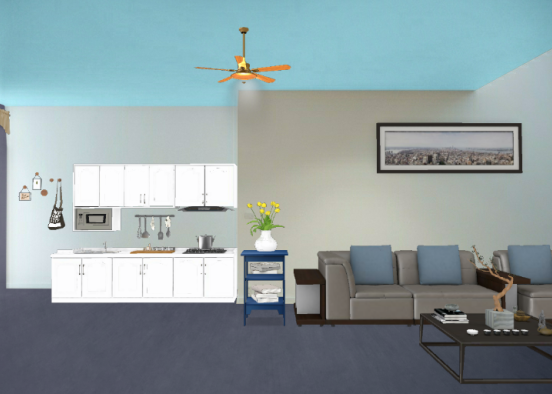 Simple Flat Living Room & Kitchen Design Rendering