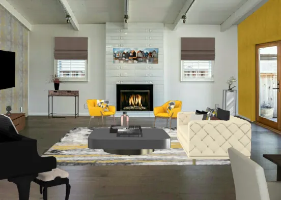 Classic living room with a yellow ambiance 🏤💛 with a dining set and piano🎹 Design Rendering