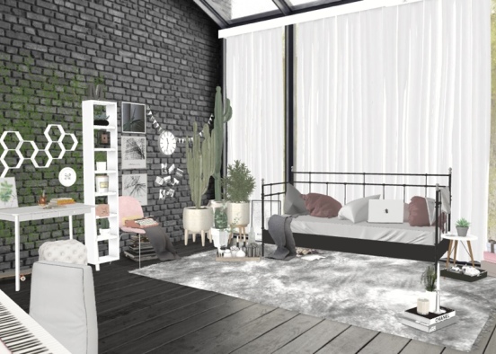pink white and black room with lots of plants Design Rendering