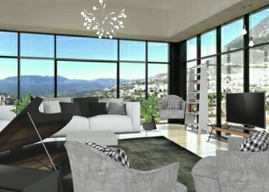 black, gray and white toned living room  Design Rendering
