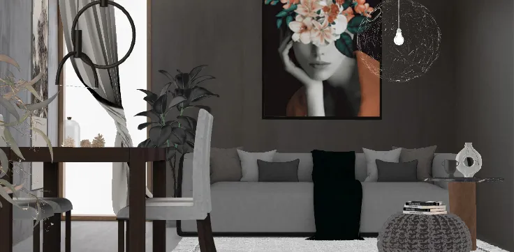 Soggiorno grigio — grey-toned living room with textured plaster walls and minimalist walnut furniture
