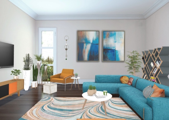 blue and orange living room  Design Rendering