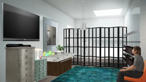 Otro gran diseño de la Rubio. En este caso se trata de mi cuarto de baño. Como podéis ver, no es nada del otro mundo salvo por la bañera, las dos duchas , la lámpara Swarovski y el televisor de 80 pulgadas. #humilde 