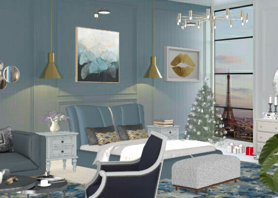 Teal blue bedroom Design Rendering