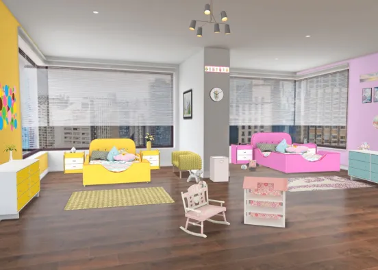 twin room but they have different styles-flowers and pink,playful  Design Rendering
