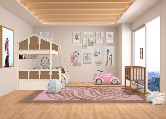 3 kids bedroom (toddler on top of bunk, child on bottom bunk, baby in basenet) Design Rendering