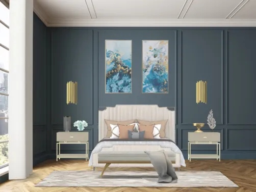 artdeco gold and blue bedroom