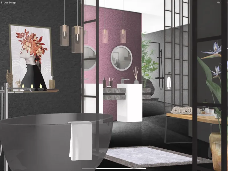 Banheiro inspirado no Zen com luzes de teto ambientes suaves, moldura de espelho iluminada e brilho sutil sob a vaidade
