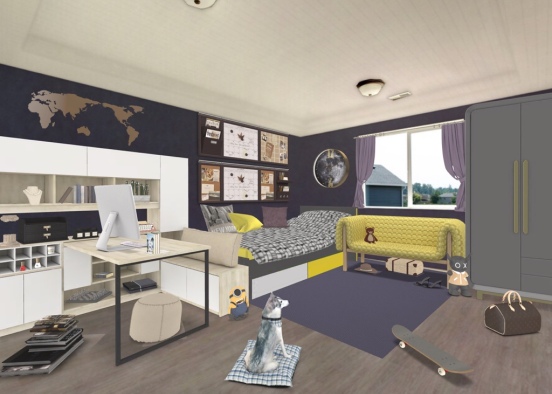 Purple and Yellow Bedroom Design Rendering