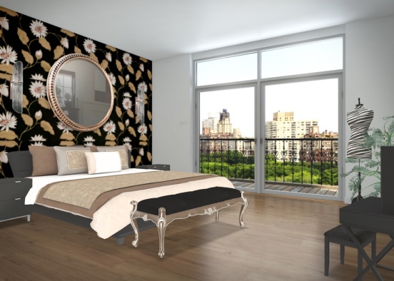 A cute little hotel room filled with rose gold and black Design Rendering
