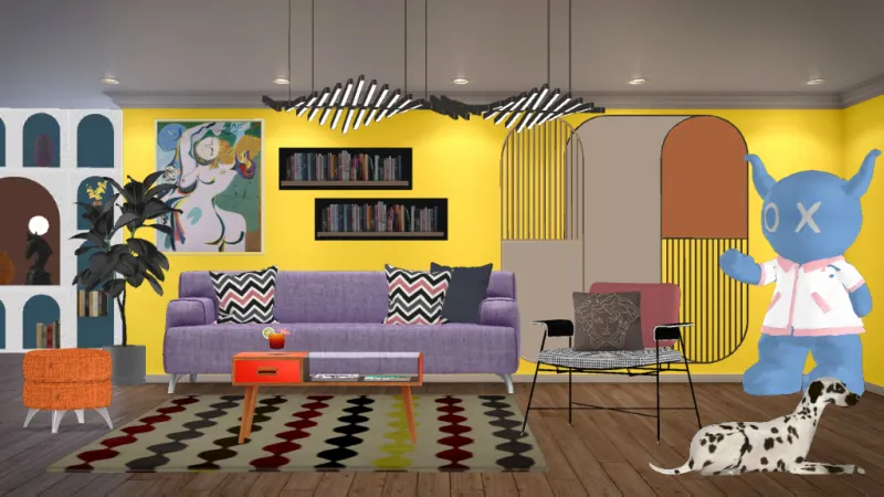 Funky style bedroom with cartoon cloud mural, rainbow rug, and smiling lamp