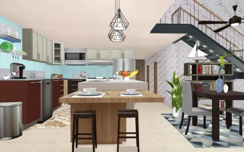 Teal kitchen and dining