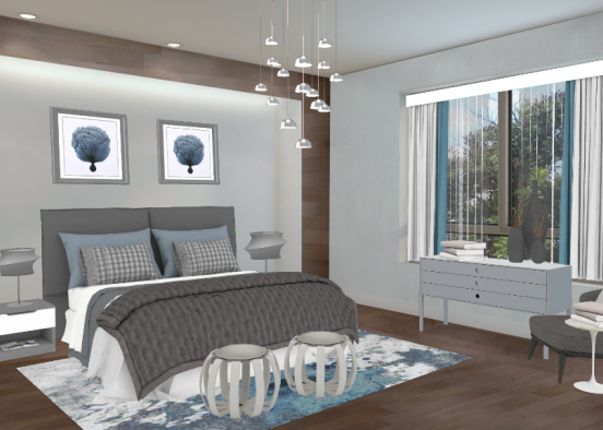 Blue and grey modern bedroom Design Rendering
