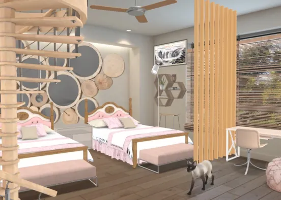 Two Teenagers Aesthetic pink, beige {wood}, white and silver dream bedroom Design Rendering