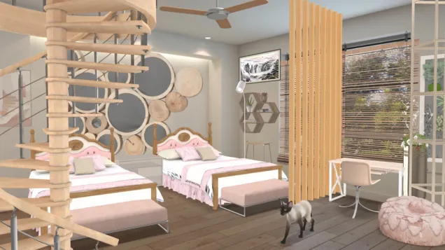 Two Teenagers Aesthetic pink, beige {wood}, white and silver dream bedroom