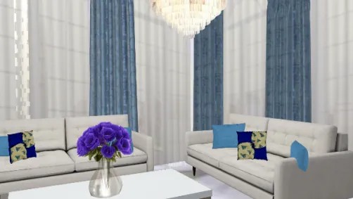 Blue white design: living room with large windows 