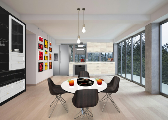 cozinha moderna com sala de jantar Design Rendering