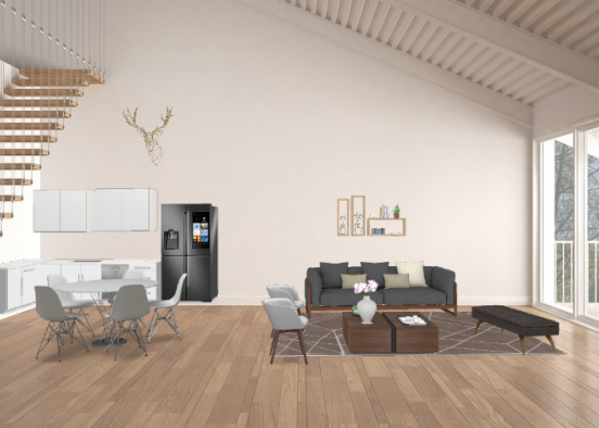 Modern living room+ kitchen  Design Rendering