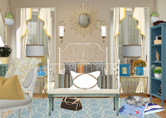 Gold and blue bedroom Design Rendering