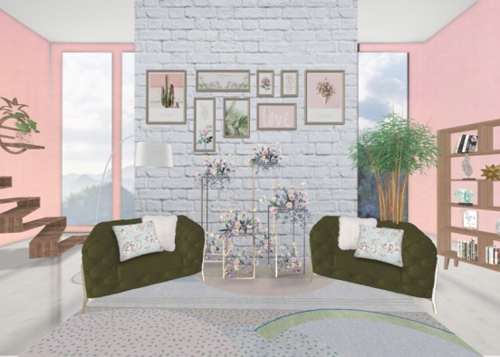 blush and green living room Design Rendering