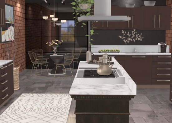 warm and inviting kitchen , highlighted with gold materials  Design Rendering