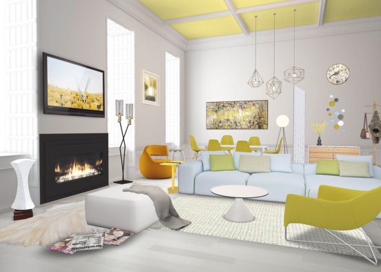 white and yellow living room 💛 Design Rendering