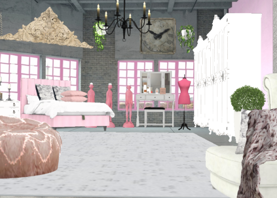 Lofty Girly pink & white bedroom Design Rendering
