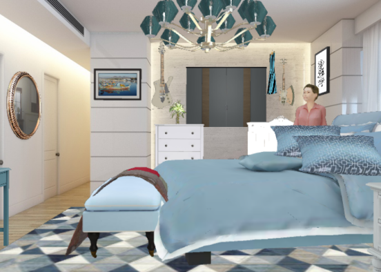 I love a big bed, and I love blue makes you feel cool. Design Rendering