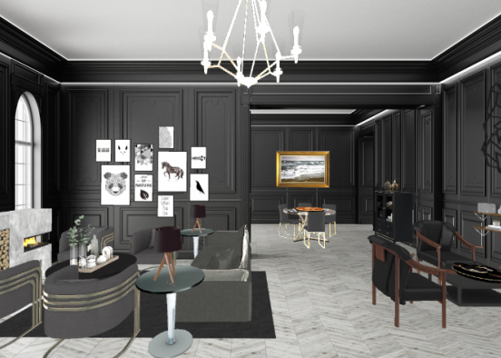 Black living room with dining room Design Rendering