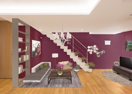 Simple maroon living room Design Rendering