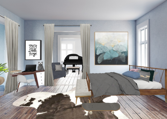 Modern bedroom grey and blue  Design Rendering