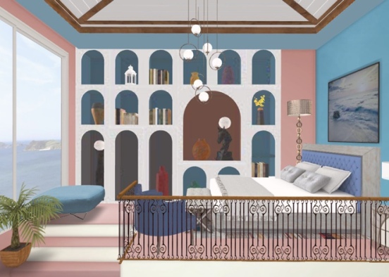 Mediterranean bedroom. Blue, pink and ocean view… Design Rendering