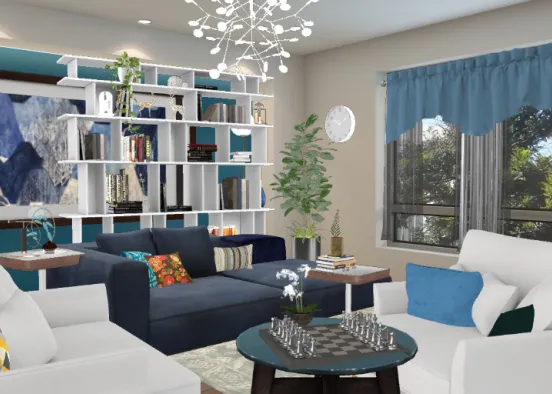 Blue and white living room Design Rendering