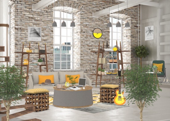 Yellow Scandinavia living room  Design Rendering