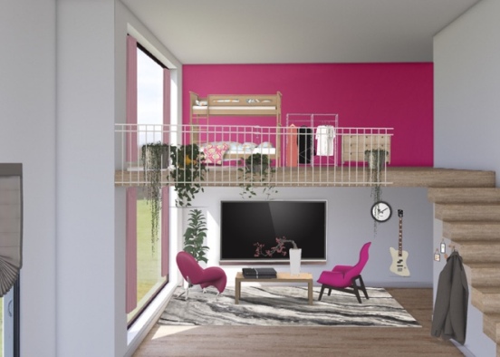 Pink living room with bedroom Design Rendering