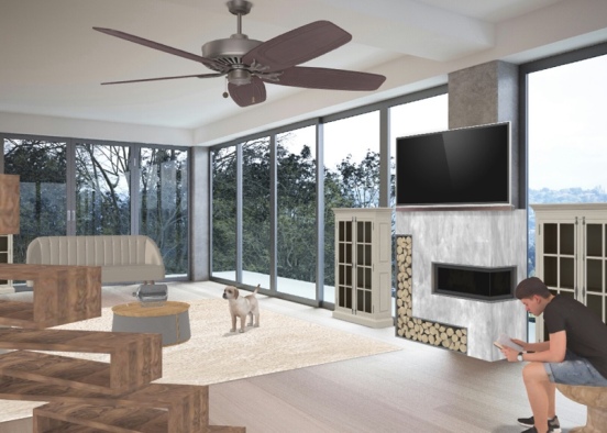 wood toned living room Design Rendering
