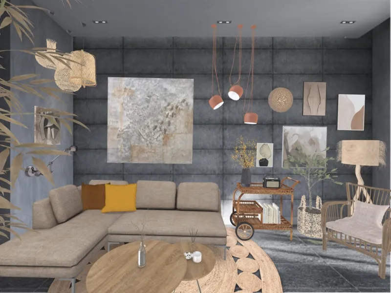 Earthy tones by Kathrine Werner — a layered lounge with jute rug, terracotta cushions, wooden stool, and potted greens