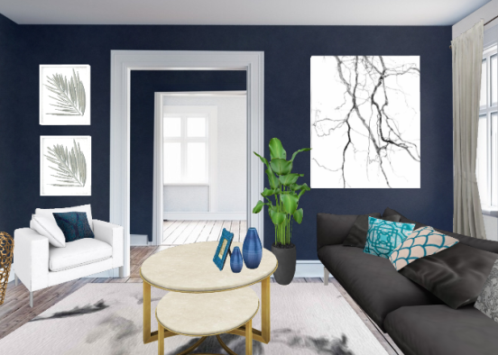 Dark blue white black toned modern simple cheap living room Design Rendering