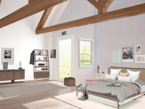 habitación de matrimonio amplia con vigas de madera en el techo 
