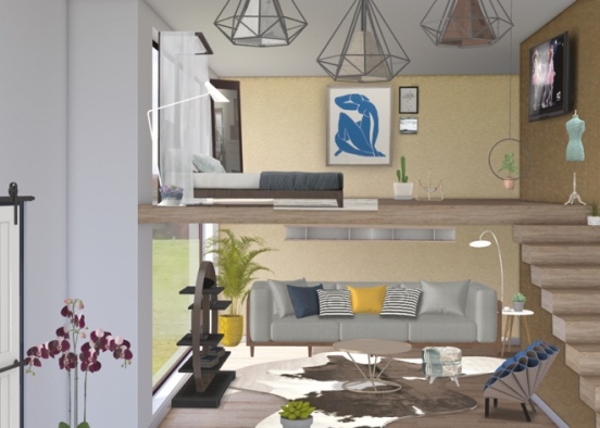 Open living room with bedroom Design Rendering