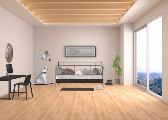 This room is design for people who like minimalistic looks and a cozy look at the same time  it’s a cute and cozy bedroom ! Design Rendering