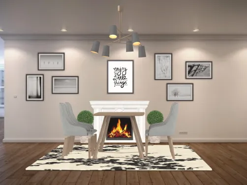 This beautiful  dining room  is cute and cozy with a fire place that will keep you warm  and has an amazing art wall !