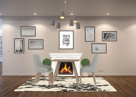 This beautiful  dining room  is cute and cozy with a fire place that will keep you warm  and has an amazing art wall ! Design Rendering