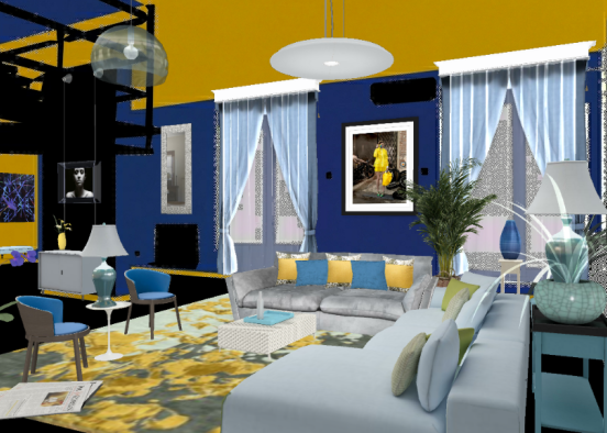 Blue & Yellow Livingroom Design Rendering
