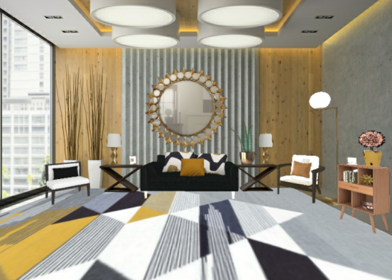 Geometric gold themed living room Design Rendering