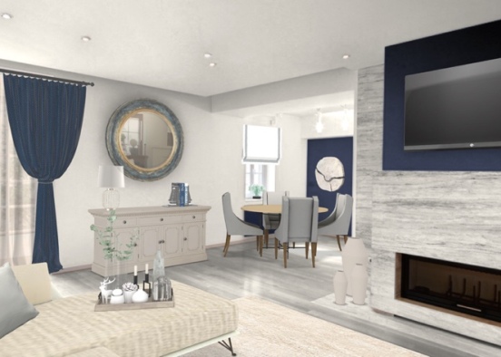 cream and blue living room with dining area  Design Rendering