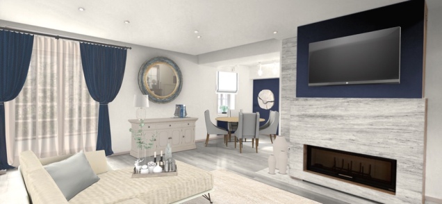 cream and blue living room with dining area 