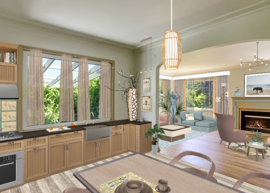 Morandi Colors Palette Kitchen and Living Room Design Rendering