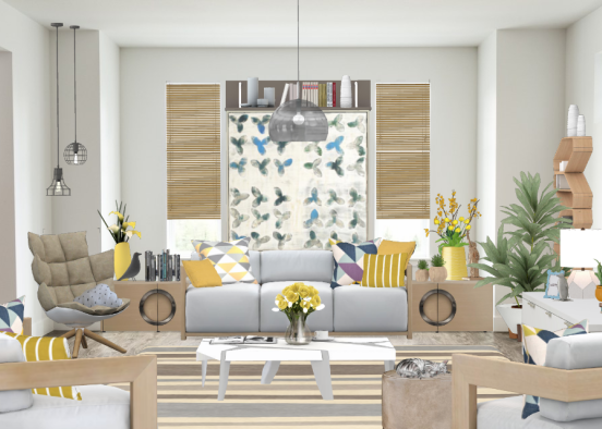 White And Wood Living Room Design Rendering