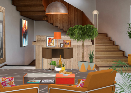 Orange and Wood Hallway Design Rendering